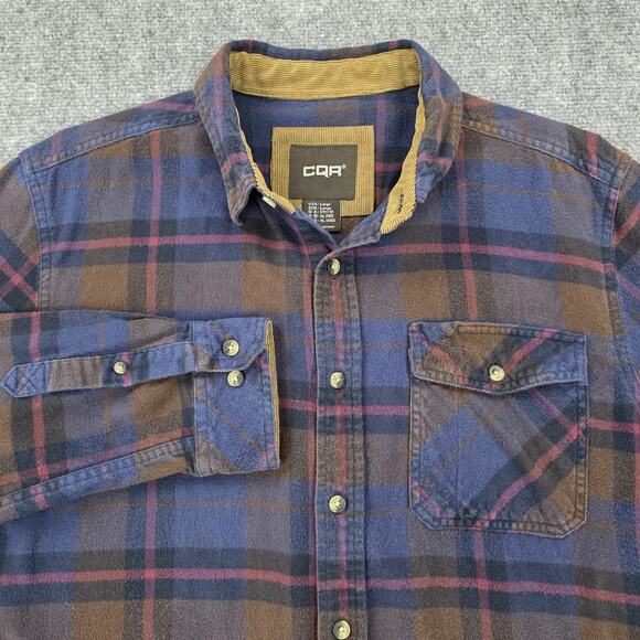 CQR Flannel Shirt Mens Large Blue Brown Plaid Long Sleeve Corduroy Collar Pocket - Picture 1 of 16